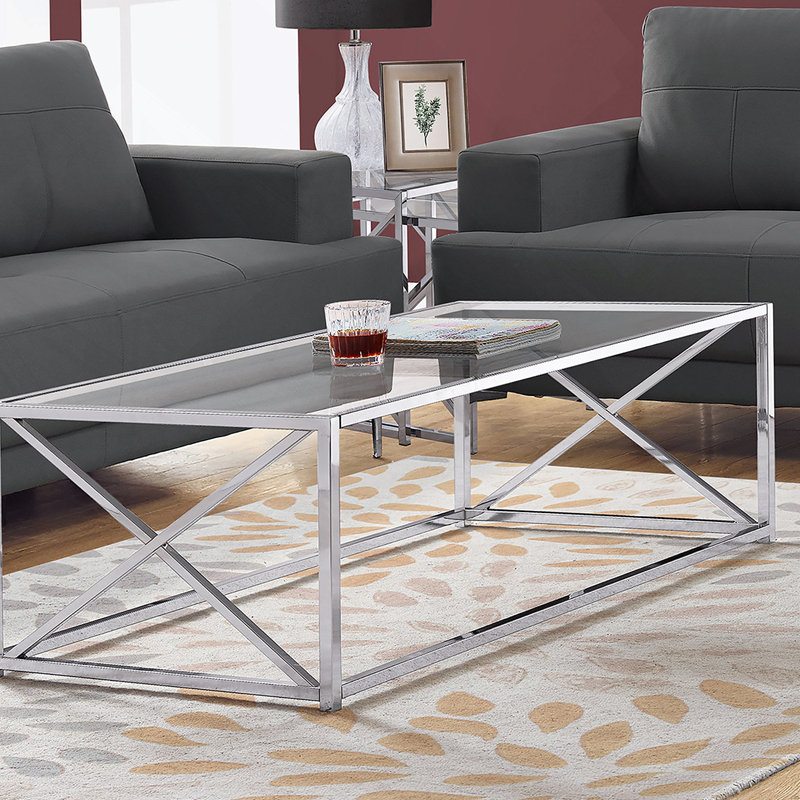 Table basse, décor, cocktail, rectangulaire, verre trempé transparent, métal chromé