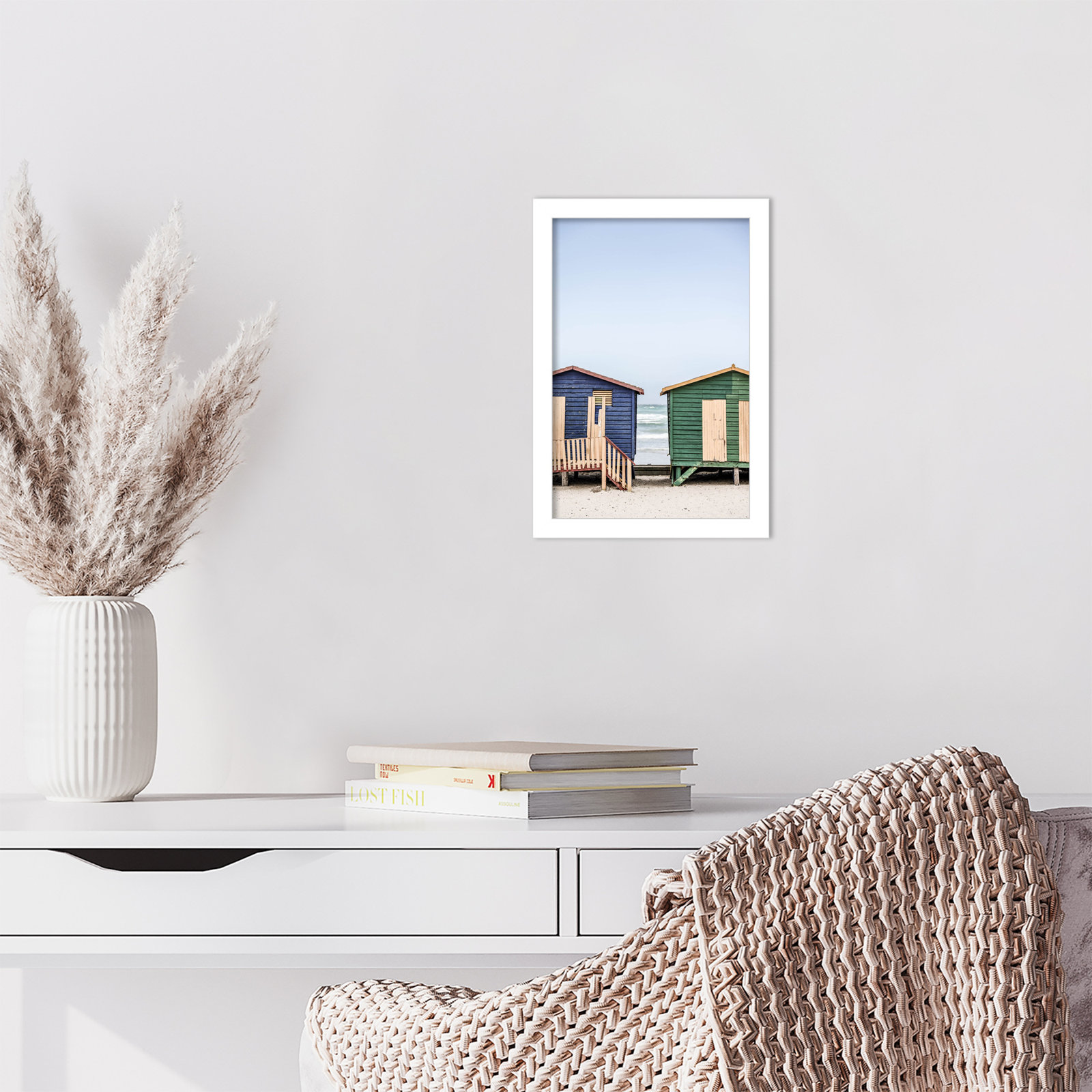 Popplewell "Blue and Green Huts" Print, White, 13" H x 9" W