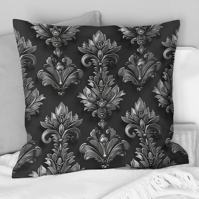 Imprimé damassé noir et argent II - coussin décoratif traditionnel, H 16 po x l 16 po