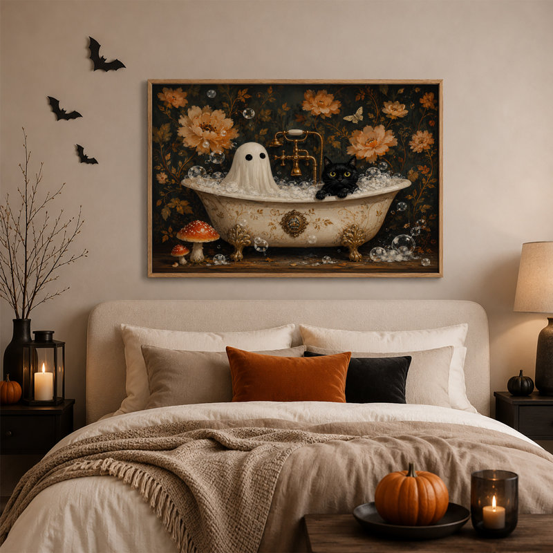 Art mural, toile blanche avec fantôme blanc et chat noir dans une baignoire rétro, H 32 po x l 48 po