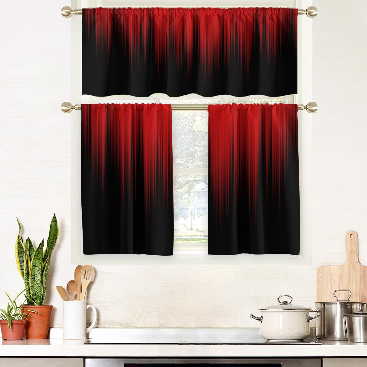 RAPTIZ Red Kitchen Curtain Valance And Tiers Set 3 Piece Burgundy Ombre