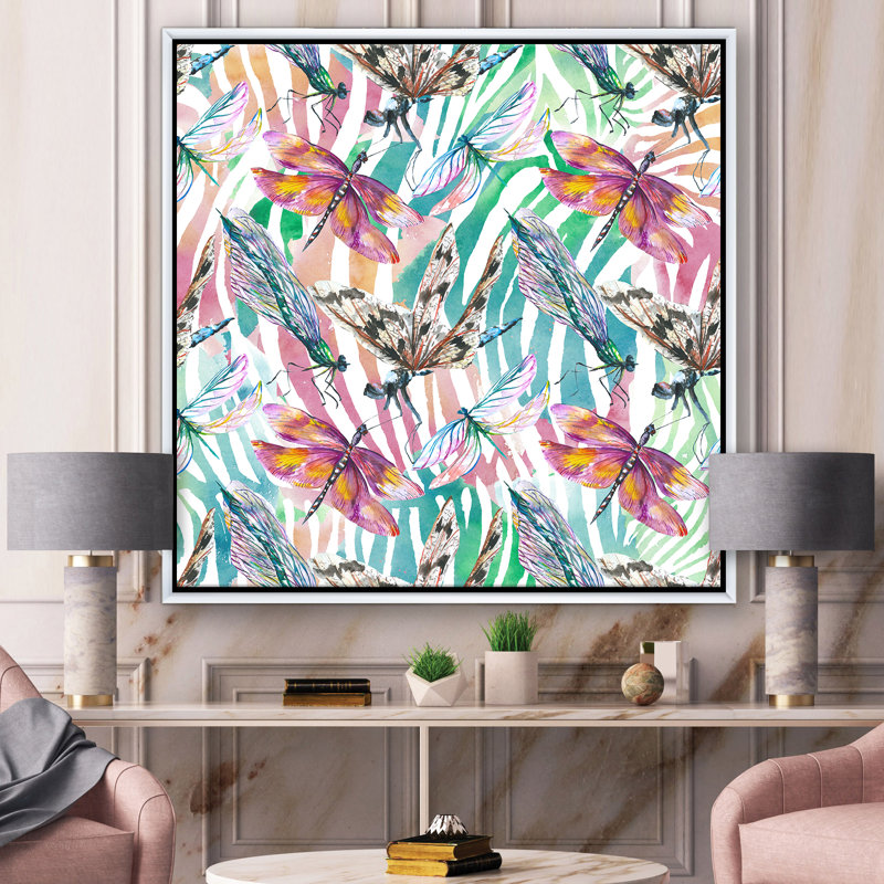 Libellule exotique sur fond tropical - reproduction d'art sur toile, Toile blanche encadrée, H 16 po x l 16 po x p 1 po
