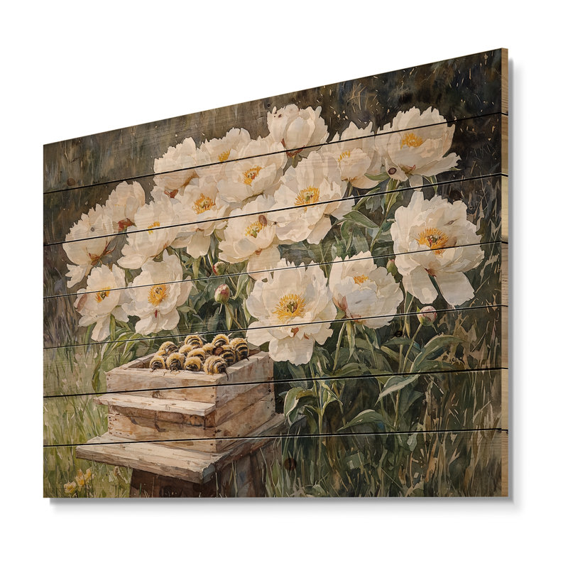 Pivoines près des ruches I - reproduction de bois de pivoines - sur bois de pin naturel, H 10 po x l 20 po x P 0,78 po