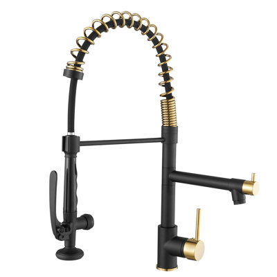 Kitchen Faucet With Pull Down In Black And Gold, 360 Degree Rotation, User- + Gold Faucet, Single Handle, Robust Build Quality
