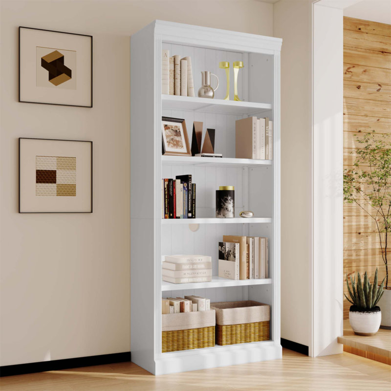 Bibliothèque d'angle à 5 niveaux avec tablettes réglables, parfaite pour le rangement du bureau à domicile et du salon, conception stable et durable