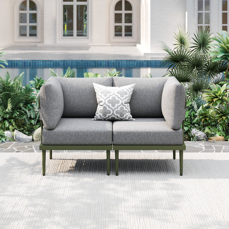 2 Pcs Metal Patio Furniture Set with Olefin Cushions, Corner Sofas, Loveseat, Green