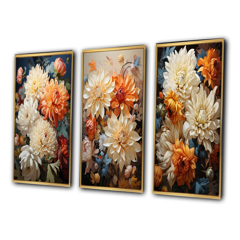 «Chrysanthemums Autumn Collage», 3 pièces sur toile, H 20 po x l 36 po, Encadrement doré