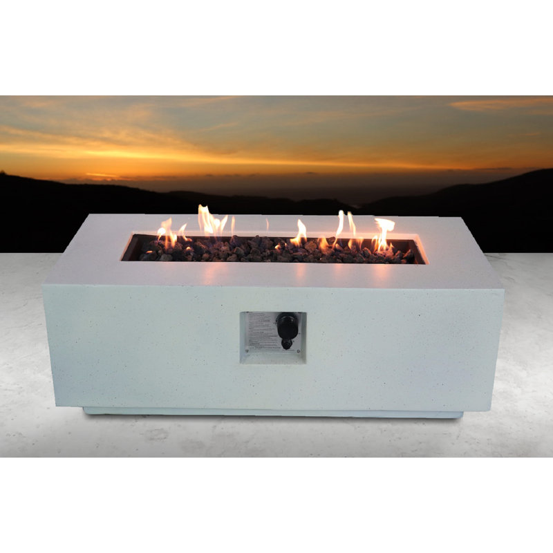 Abigale Rectangle Concrete Propane Smokeless Fire Pit Table, White Stone, 15" H x 42" W x 20" D