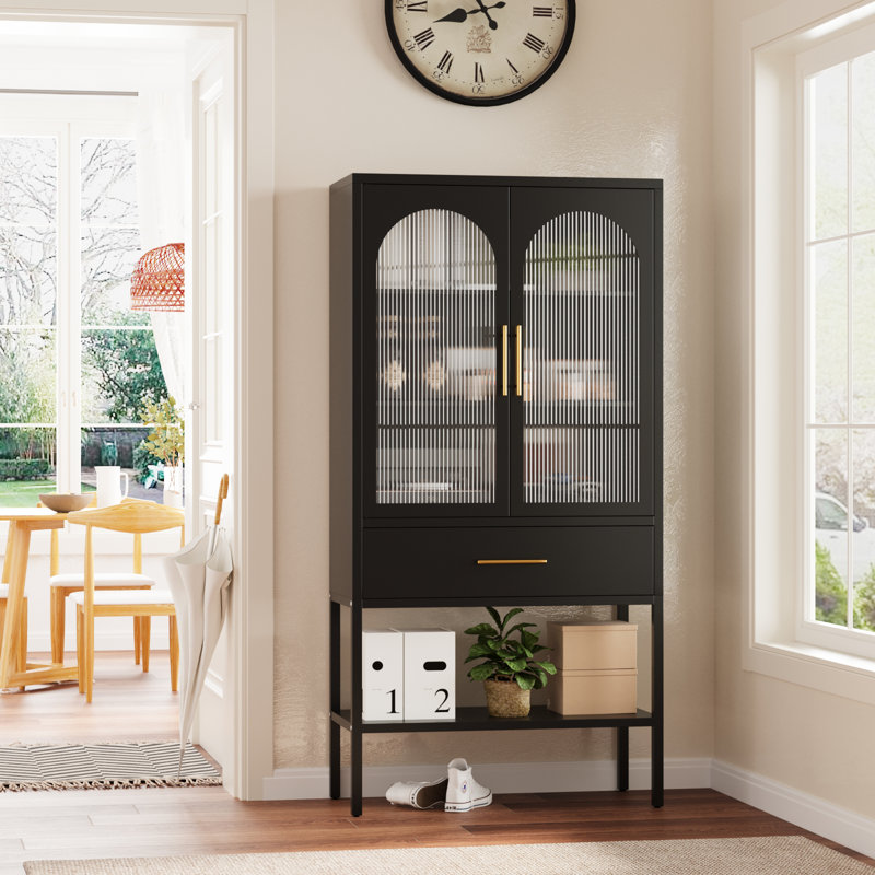 63"H Glass Display Cabinet With Drawer And Shelf, Black