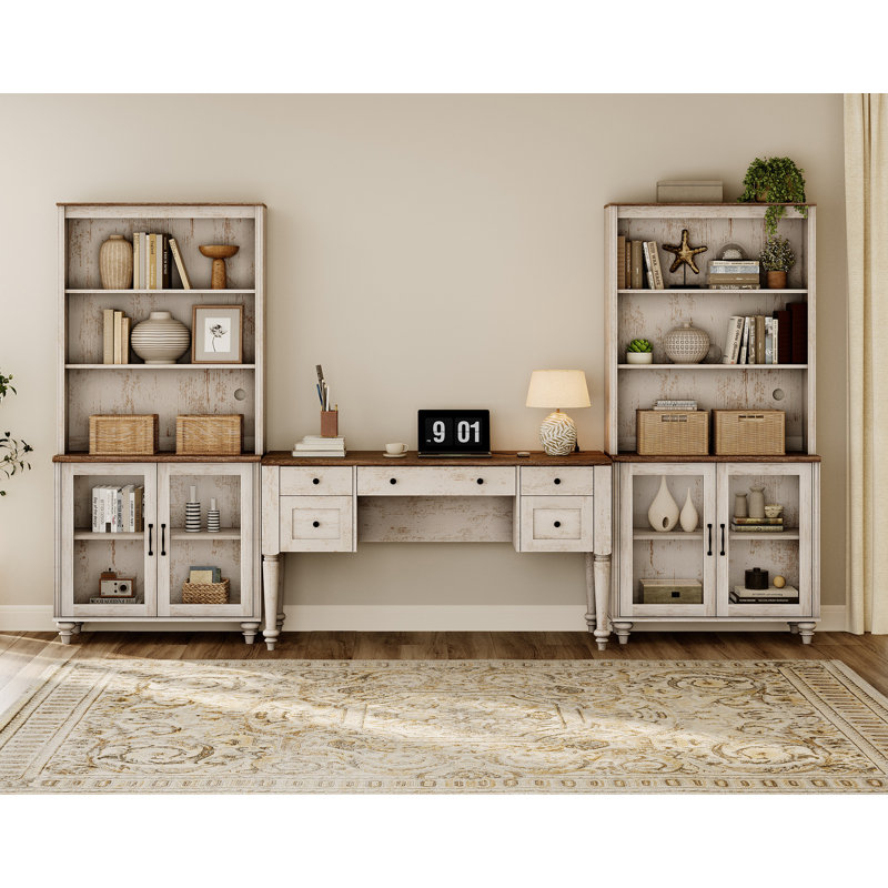 2 Piece Office Set, 56" Executive Desk & Set Of 2 Bookcases With Glass Doors, Oak, Walnut/Rustic White