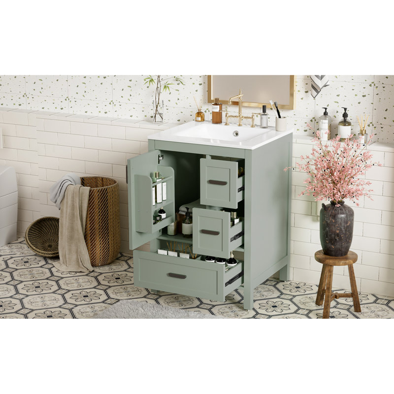 Meuble-lavabo vert peu encombrant avec lavabo en céramique, rangement à fermeture en douceur