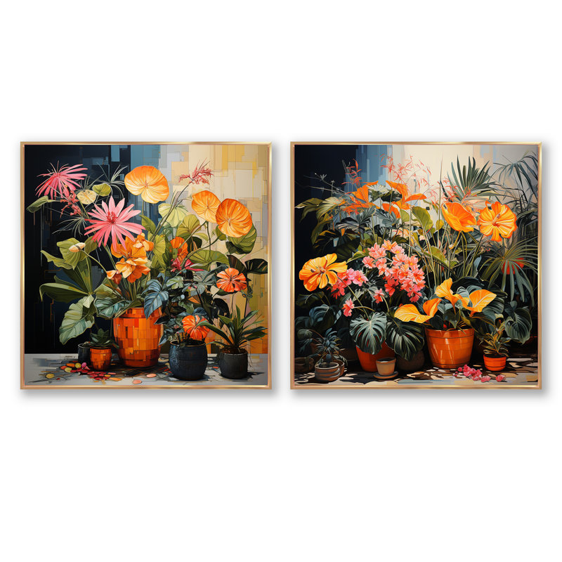 Vibrant Botanical Plants Symphony - ensemble de 2 collages floraux carrés, Cadre flottant doré, H 30 po x l 61 po