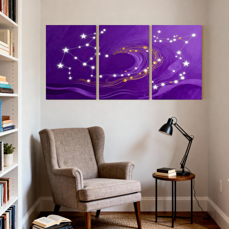 Nautique et plage, ciel mauve, constellation d'étoiles, ensemble de 3 impressions d'art sur toile, H 30 po x l 60 po
