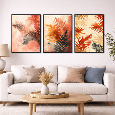 «Terracotta Palm Vibes - Pink Palms», ensemble de 3 reproductions d'art sur toile