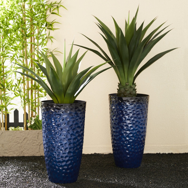 23.75"H Set Of 2 Oversized Eco-Friendly PP And Stone Honeycomb Textured Tall Plastic Planter, Blue