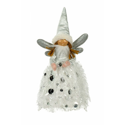 Figurine de poupée ange en tissu blanc / argenté avec ailes argentées