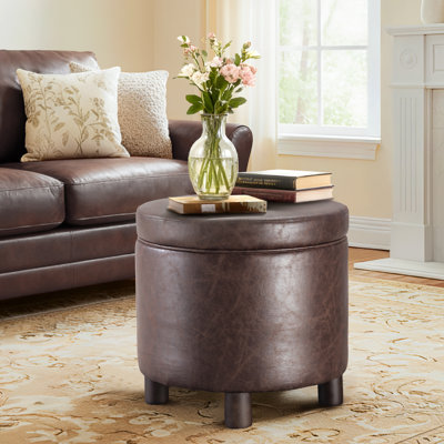 Classic Round Storage Ottoman Footstool With Removable Lid, Upholstered Faux Leather/Fabric, Wooden Legs For Living Room & Bedroom