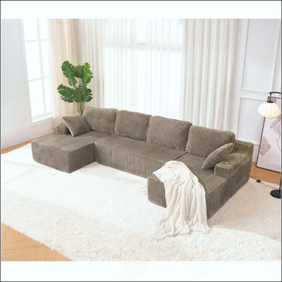 Canapé modulaire en forme de U modulaire, grand canapé en velours côtelé avec ressorts ensachés et mousse haute densité, ensemble de bricolage convertible 4 pièces avec porte-gobelets en métal, poches de rangement et antidérapant