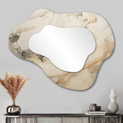 Beige And White Marble River - Marble Asymmetrical Mirror, Beige Cloud Decorative Wall Mirror, Printed Metal Art