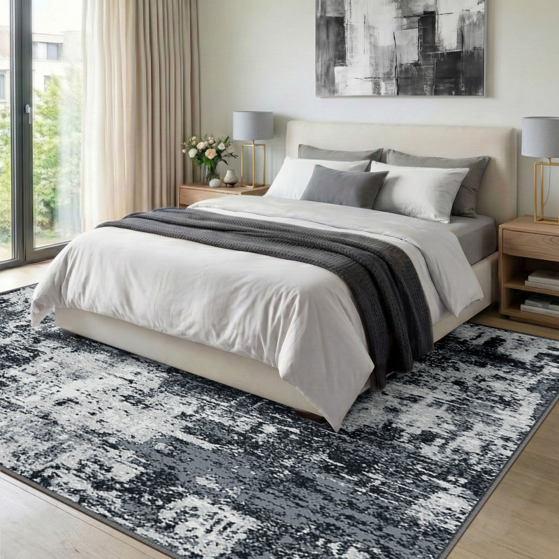 Modern Abstract Printed Area Rug Non-Slip Machine Washable Low Pile for Living Room Bedroom, Rectangle 9' x 12', Black