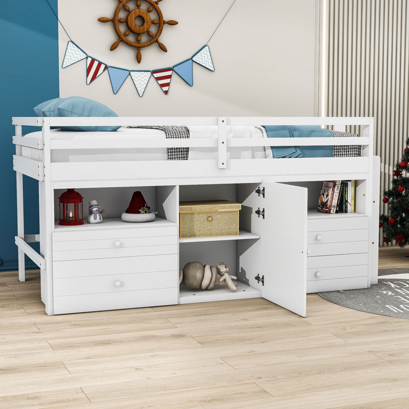 Jeani Kids Bed with Drawers and Shelves, White