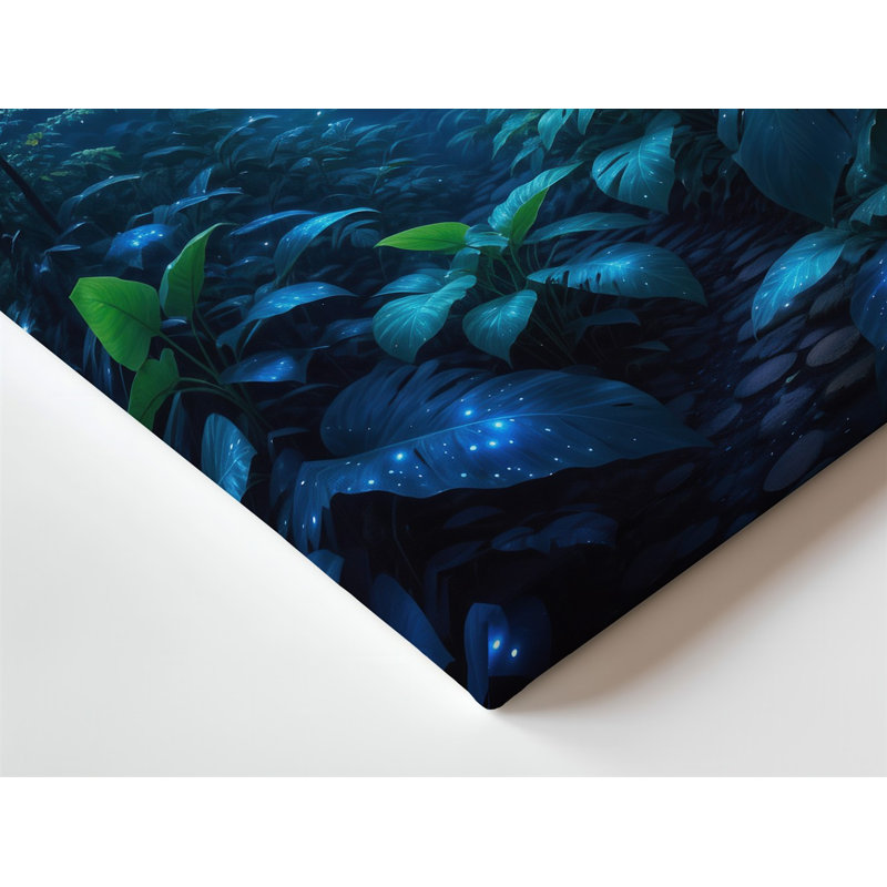 Toile, "Mystical Forest Scene Illuminated By Soft Ethereal Blue Bioluminescence", art mural parmi des feuilles surdimensionnées luxuriantes