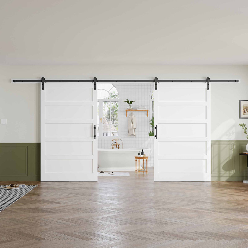 Porte de grange double en bois manufacturé à 5 panneaux avec quincaillerie d'installation, 96 po x 84 po