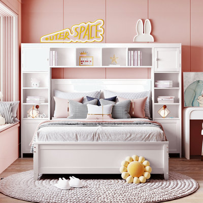Wooden Bed With All-in-One Cabinet and Shelf