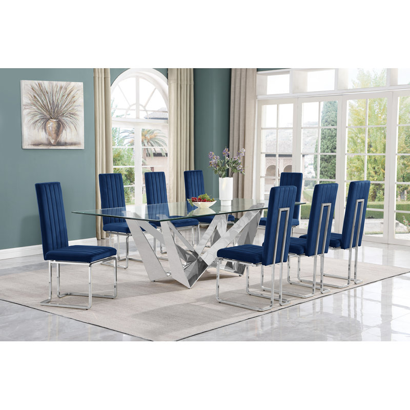 Ensemble de salle à manger Sipple, 9, Bleu marin / Argent