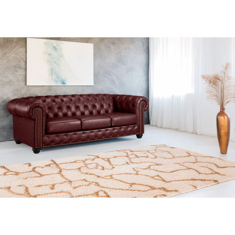 Orner 93" Leather Rolled Arm Chesterfield Sofa, Cherry Leather Match