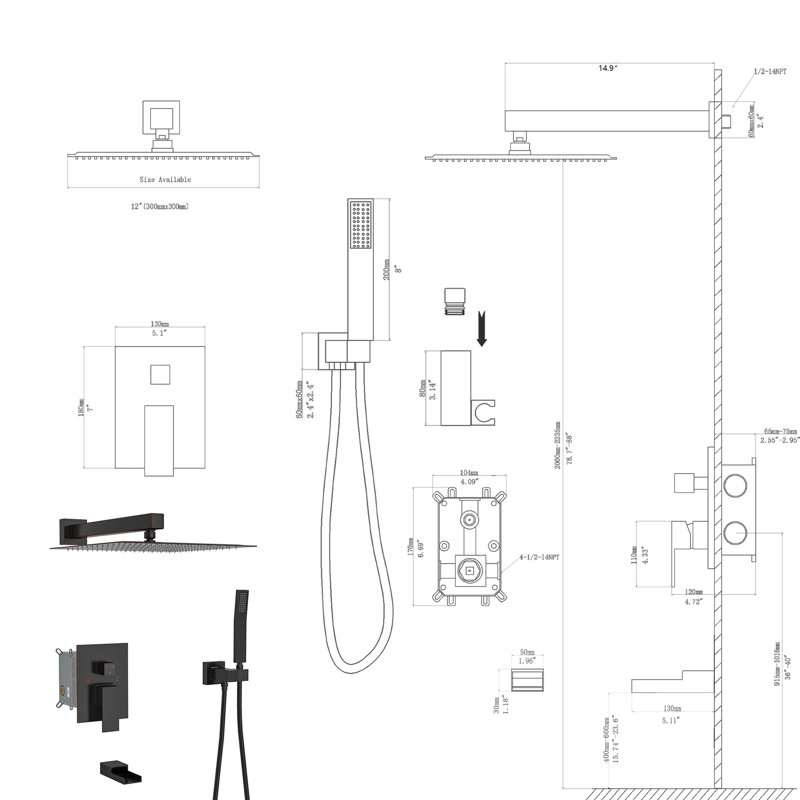 12 Inch Square Shower System With Waterfall Tub Spout In Oil Rubber Bronze - 3 Function Rainfall & Handheld, Valve, Uncomplicated Installation And Upkeep Method 12" Spout, Oil-Rubbed Including Easy