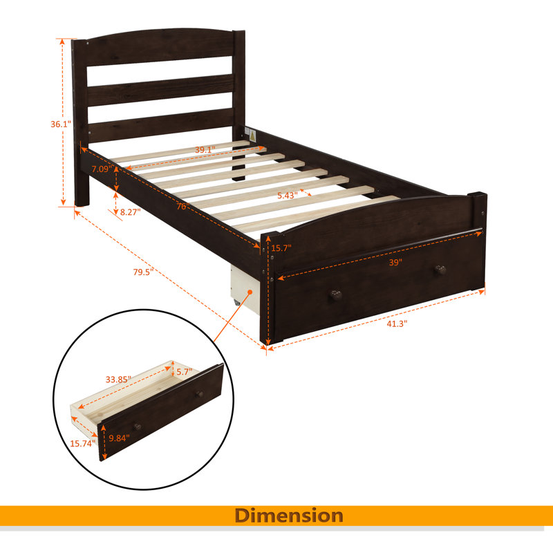 Structure de lit plateforme simple avec tiroir de rangement et support en lattes de bois sans sommier