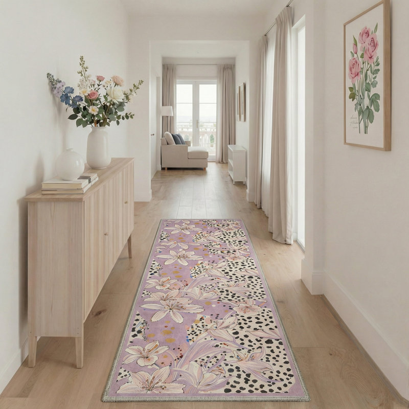 Inspired Machine Washable Beige / Purple Indoor Area Rug with Non-Slip Backing, Runner 2' x 6'