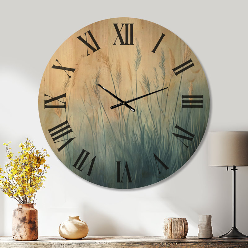 Horloge murale surdimensionnée de style bohème Misty Pampas Plumes I, imprimée sur bois, Extra Large