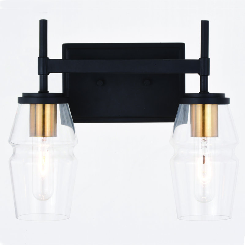 Legault Black And Brass Mid Century Modern Bathroom Vanity Wall Fixture Clear Glass, 2 Lights