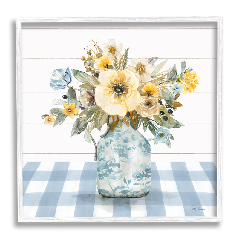Bb-124-Bouquet encadré avec motif écossais bleu sur bois par Carol Robinson, Estampe numérique encadrée blanc bord de mer
