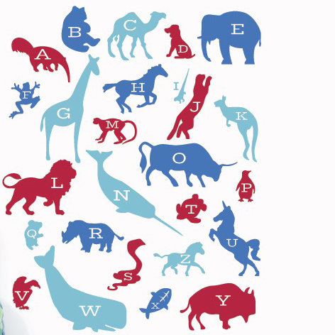 Décalcomanie murale alphabet animaux, H 45 po x l 35 po x P 0,01 po, Rouge / Bleu