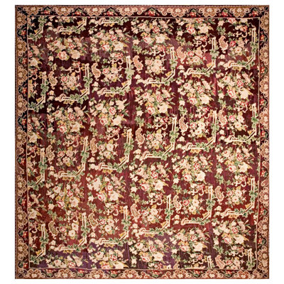 Astonishing Brown Ground in Cute Folk Art Style Antique European Needlepoint Rug