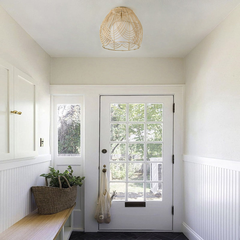 14.17" Rattan Dome Semi Flush Mount Light with Polished Brass Base, Dimmable & ETL Certified
