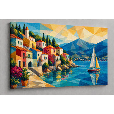 Large Colorful Coastal Village Canvas Wall Art 24x36 Inch Geometric Mediterranean Seaside Painting Modern Artwork with Sailboat Bright Wall Decor for Living Room Bedroom - Ready to hang