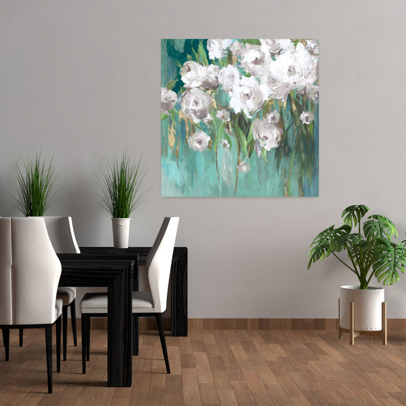 Roses sur fond bleu sarcelle III, art floral élégant et impressionniste, H 36 po x l 36 po