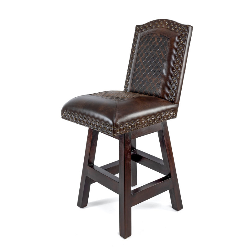 Tabouret de bar à oreilles capitonné en cuir véritable brun avec garniture cloutée - hauteur comptoir et bar