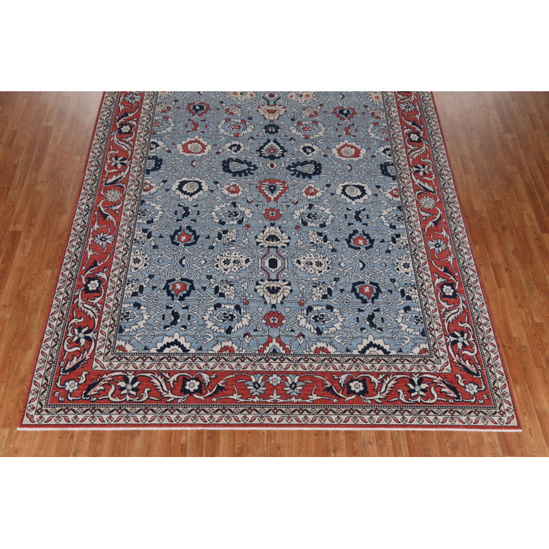 Tapis beige / ivoire / bleu en laine noué à la main de conception unique 9 pi x 11 pi 9 po