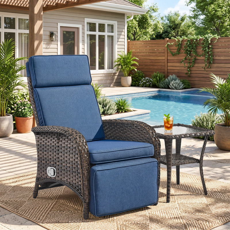 Serita Outdoor PE Wicker Adjustable Reclining Lounge Chair With Cushions, Blue