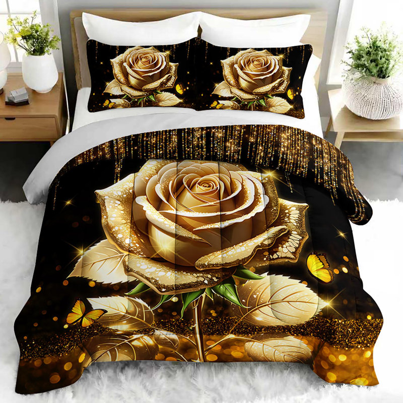 Ensemble d'édredon Luxury Rose, ensemble de literie romantique avec 2 taies d'oreiller, literie douce et lavable à la machine, édredon toutes saisons pour le décor