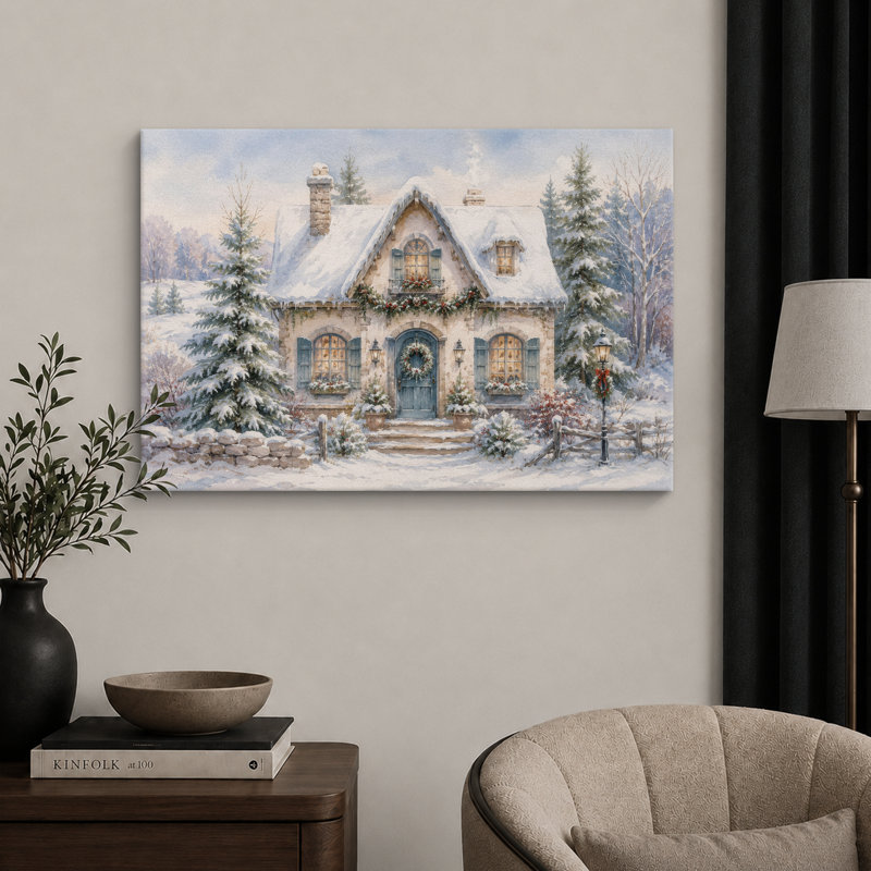 «Christmas Cottage Snowy House», art du salon, impression sur toile encadrée, H 16 po x l 24 po x P 1,5 po, Toile tendue