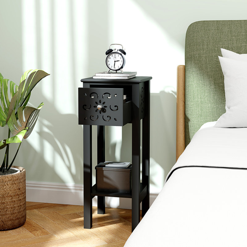 Nightstand Set of 2 with Drawer and Open Storage Shelf, White, Black