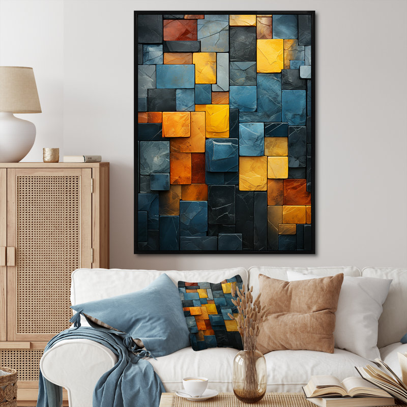 Yellow Stone Cubes II - décoration murale en marbre, Cadre flottant noir, H 32 po x l 24 po x P 1 po