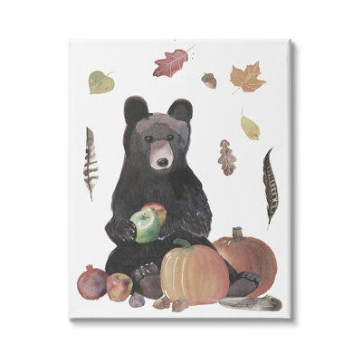 Ourson tenant des pommes, un feuillage d'automne et des citrouilles - impression