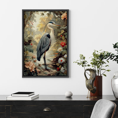 «Heron in Floral Woodland», reproduction d'art encadrée de nature rétro pour chambre à coucher Cottagecore ou décoration de salon rustique